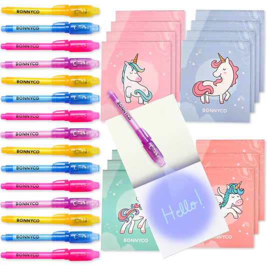 BONNYCO Invisible Ink Pen and Notebook Pack 16, Unicorn Party Favors for Kids. Magic Spy Pen Goodie Bags Stuffers for Kids, Unicorn Birthday Party Supplies. Goody Bag Stuffers, Return Gifts Prizes