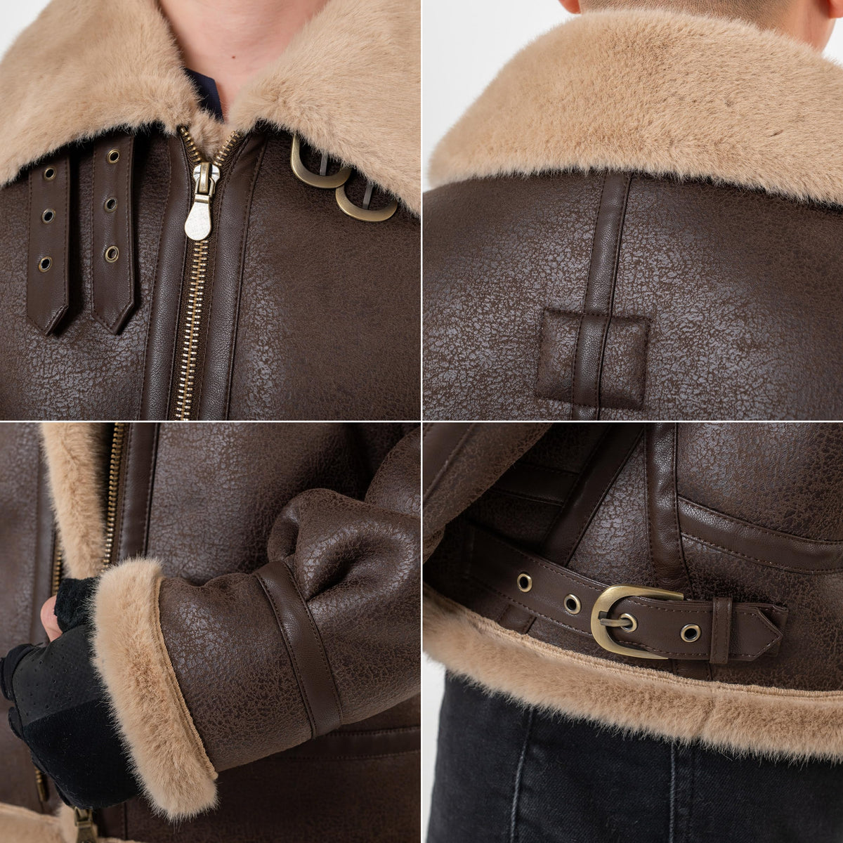 Mifidy Mens Leather Jacket, Brown Motorcycle Bomber Jacket Leon Comfort Fur Shearling Flight Breathable Durable Comic Con Cosplay Coat Birthday Gift Small