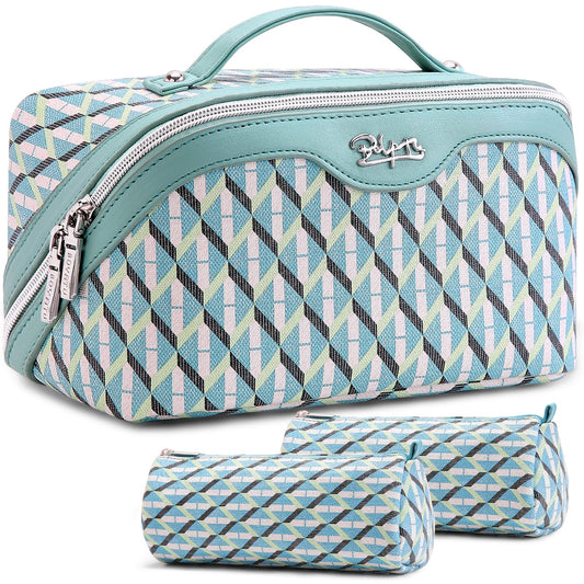 BOYATU Travel Makeup Bags for Women: Large Capacity Cosmetic Bag Set of 3 - Vegan Leather Make up Bags with Compartments - Wide Open Waterproof Toiletry Organizer Bag with Handle (P-02-Blue)