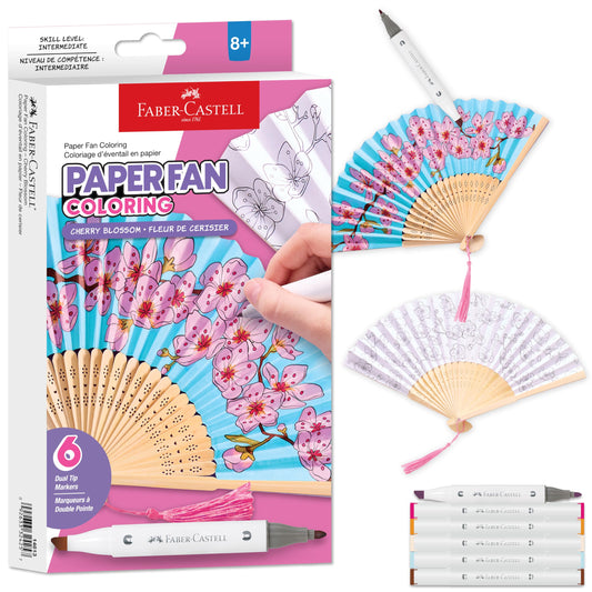 Faber-Castell Paper Fan Coloring Kit: Cherry Blossom | Folding Fans with Dual-Tip Markers & Pre-Printed Designs | Relaxing DIY Craft, Kids Activities and Spring Crafts (2 Fans, 6 Markers)