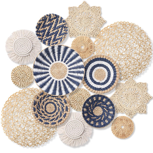 Anglechic 15 Pcs Boho Wall Basket Decor Woven Rattan Seagrass Wall Decor Hanging Rustic Farmhouse Western Art Decoration for Nursery Living Room Bedroom Home Kitchen(Blue Style)