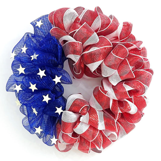 26 Inch Mesh Patriotic Front Door Wreath, 4th July Independence Day Wreath for Summer America Patriotic Flag Burlap Farmhouse Decor, Memorial Day Americana Front Window Hanging Decor