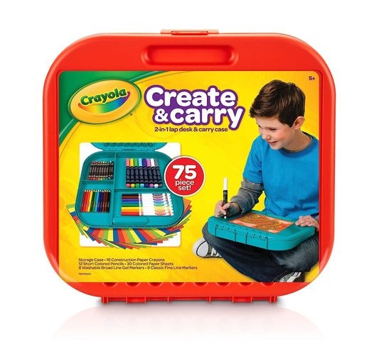 Crayola Create 'N Carry Travel Art Set for Kids (75pcs), 2-in-1 Lap Desk & Carrying Case, Essential Art Supplies Kit, Spring Crafting, Gift for Kids