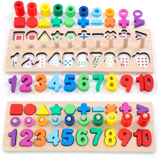 BEKILOLE Wooden Montessori Toys for Kids Toddler Number Puzzles Sorter Counting Shape Stacker Stacking Game Preschool Toys for Boy Girl Learning Education Math Blocks Year Old Girl Gifts (Rainbow)