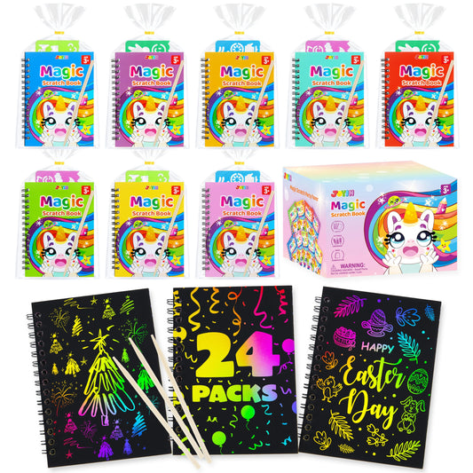 JOYIN 24 Pack Rainbow Scratch Art Notebook, Party Favors for Kids, Art Crafts Kit, Goodie Bags Stuffers for Girls Boys, Return Gifts for Birthday, Classroom Prizes, Bulk Gifts for Valentines Easter