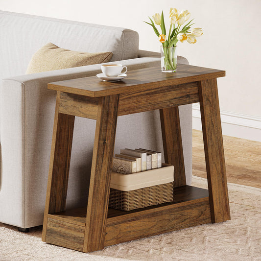 Tribesigns Wood End Table, Small Side Table with 2 Storage Shelves, Rustic Accent Narrow Nightstand for Living Room, Bedroom (1, Rustic Brown)