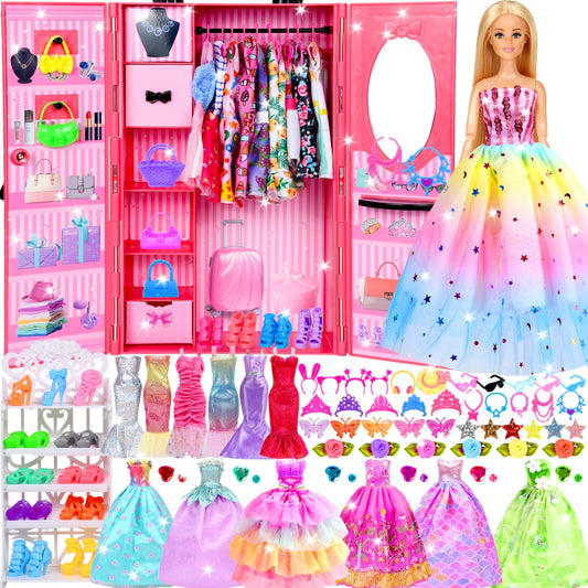 150 Pcs Doll Clothes and Accessories Playset with Dolls for Girls, Princess Gowns, Fashion Dresses, Swimsuits, Tops, Pants, Shoes, Bags Jewelrys in Closet for Doll Dress Up Fit for 11.5" Dolls
