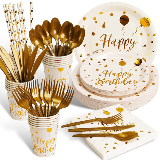 200 pieces of white and gold birthday party supplies, disposable happy birthday tableware set, gold plastic knives, forks, spoons, straws. Birthday themed tray, cup,25Guests（white）