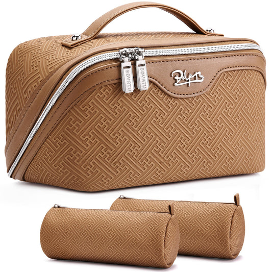 BOYATU Travel Makeup Bags for Women: Vintage Roman Column Texture Large Capacity Cosmetic Bag - Each Journey, Quiet Luxury Serenity - 3 Pcs Set Organizer Toiletry Purse 50% Extra Storage(Brown)