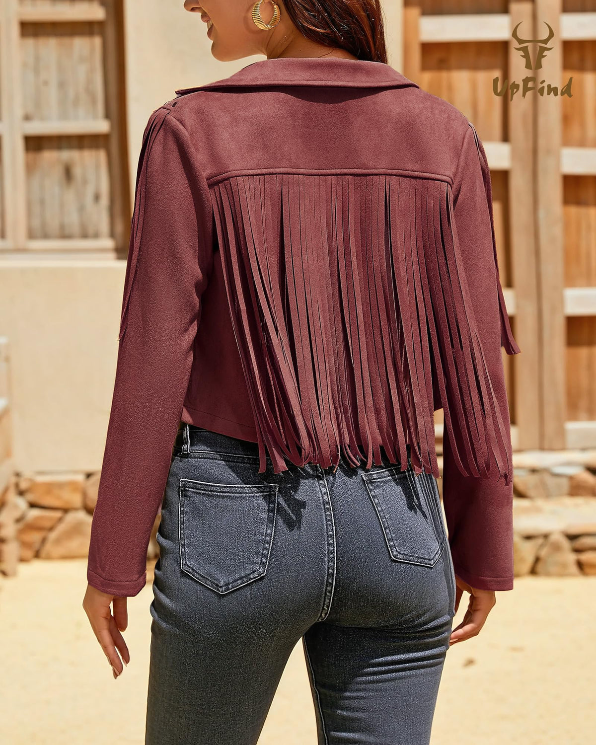 UpFind Women's Fringe Faux Suede Leather Jackets Fashion Fall Western Tassel Motorcycle Cropped Open Front Coats with Rivets, Wine Red/Medium