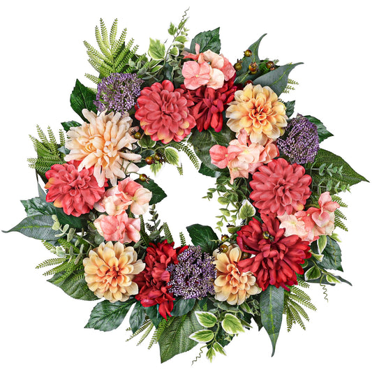 24-Inch Spring Wreath for Front Door with Hydrangeas Dahlias Daisy Silk Flowers and Berry Greenery for All Seasons Indoor Outdoor Wedding Farmhouse Porch Wall Living Room Home Wedding Decor