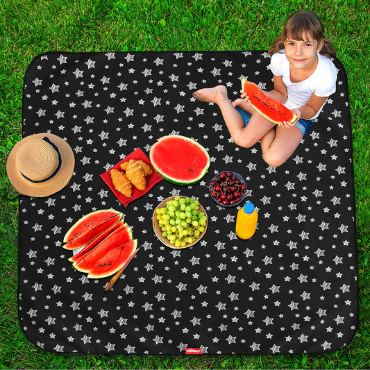 High Chair Mat Waterproof and Washable Splat Mat, Baby Splat Mat for Under High Chair, Non Slip Mat for Art/Crafts/Playtime, Protable Picnic Table Cloth Mat, 46'' x 42'', Black Star