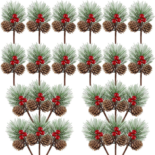 Lukinuo Artificial Berries Pine Picks 25pcs Pine Cone Holly Berry Stems for Crafts Mini Red Berries Pinecones Branches Artificial Christmas Picks and Sprays for Xmas Decor Wreath, Garland, Xmas Tree