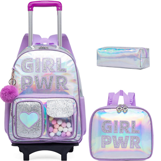 Meetbelify Rolling Backpack for Girls Backpack with Wheels for Elementary Student Kids School Bag with Lunch Box Pencil Case for Girls Ages 6-8 Years Old