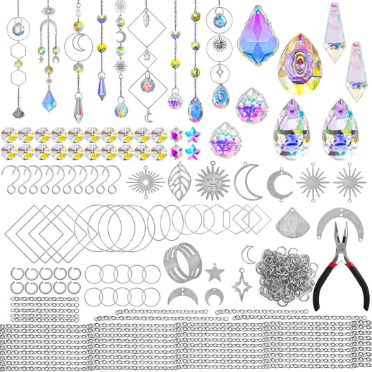 H&D HYALINE & DORA DIY Crystal Suncatcher Assembly Craft Kits for Adults 215pcs Rainbow Prisms Beads Pendant Crystal Window Sun Catchers Hanging Ornament Indoor Outdoor Decor, Silver