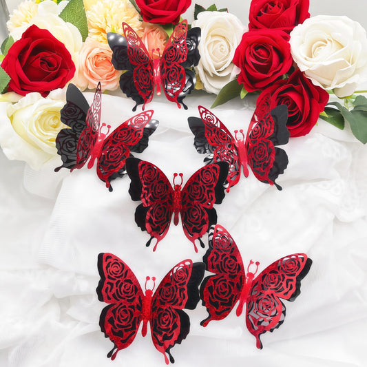 3D Red Butterfly Wall Stickers 6pcs Removable Valentine's Red Rose Butterfly Stickers Wall Decal Butterfly Wall Decals for Home and Room Decoration Wedding Bedroom Decor Living Room Sticker
