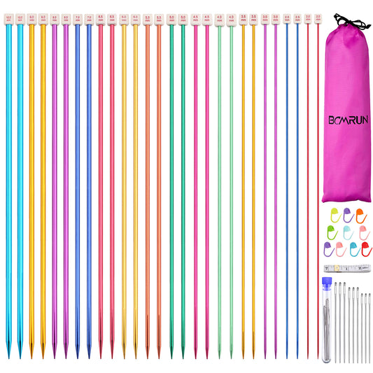 BCMRUN 28Pcs/14 Pairs Stainless Steel Knitting Needles Set, Colored Straight Single Pointed Metal Knitting Needles, 14 Size from 2.0mm-10.0mm, 13.8 Inches Length for Handmade DIY Knitting (35cm)