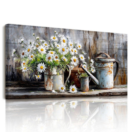 SERIMINO Floral Wall Art, Large Wall Decor, Farmhouse Wall Art, White Daisy Flower Canvas Prints, Country Still Life Decor Painting, Rustic Pictures for Living Room Kitchen Cottage Farmhouse 24"x48"
