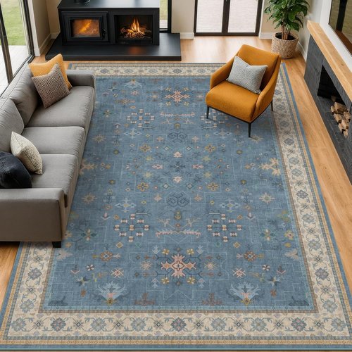 Hazo Haus Blue Area Rug - Dusty Blue 10x12 Washable Floral Design for Living Room & Bedroom