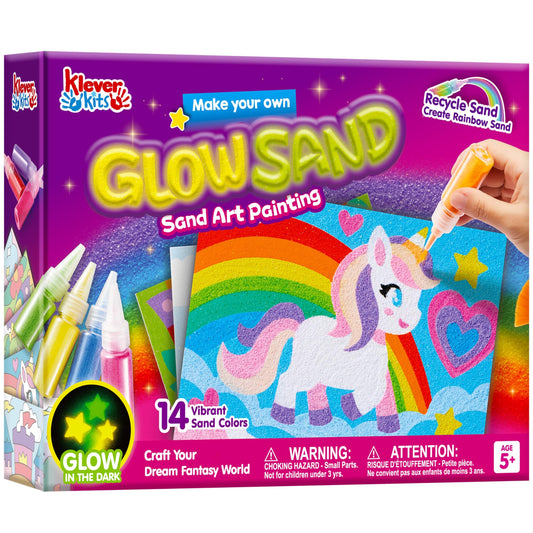 JOVA Klever Kits Glow Sand Art Kits for Kids, Glow in The Dark Sand Painting with 14 Colors, Kids Crafts, 6 Fantasy Templates & 4 DIY Sheets, Mess Free Arts and Crafts, Gifts for Girls Ages 5+