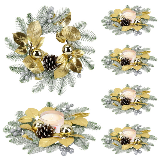 Christmas Candle Rings Wreath,8in Small Wreaths for Kitchen Cabinet with Balls,Pine Cones,Pine Needles and Berries for Home Christmas Table Centerpiece Decorations (6, Gold)