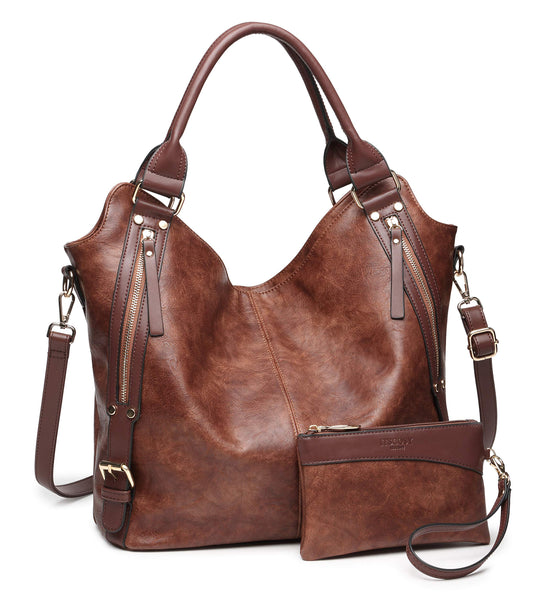 Women Tote Bag Handbags PU Leather Fashion Hobo Shoulder Bags with Adjustable Shoulder Strap (Brown, L)