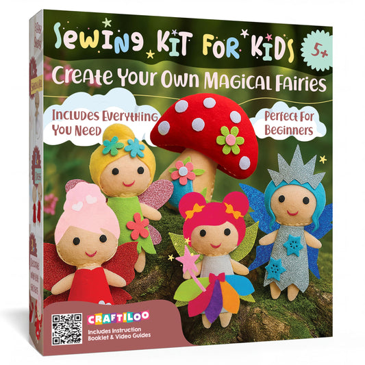 CRAFTILOO Fairy Sewing Kit for Kids Ages 5-12 – Beginner Sewing Kit with 5 Pre-Cut Felt Projects – Make Your Own Stuffed Animal Plush Dolls – Fun Girls Craft Kit, Learn to Sew Gift for Kids