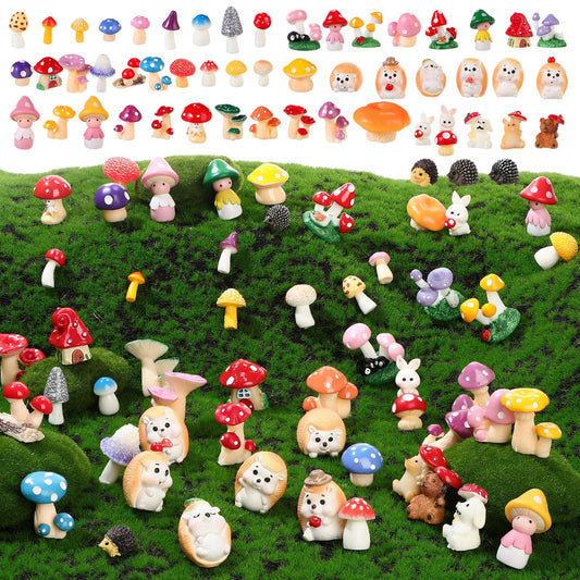 Canlierr 58 Pcs Miniature Garden Set Mushroom Hedgehog Fairy Rabbit House Diorama Accessories Mini Terrarium Figurines Micro Landscape Fairy Village Starter Kit for DIY Garden Decor Dollhouse Craft