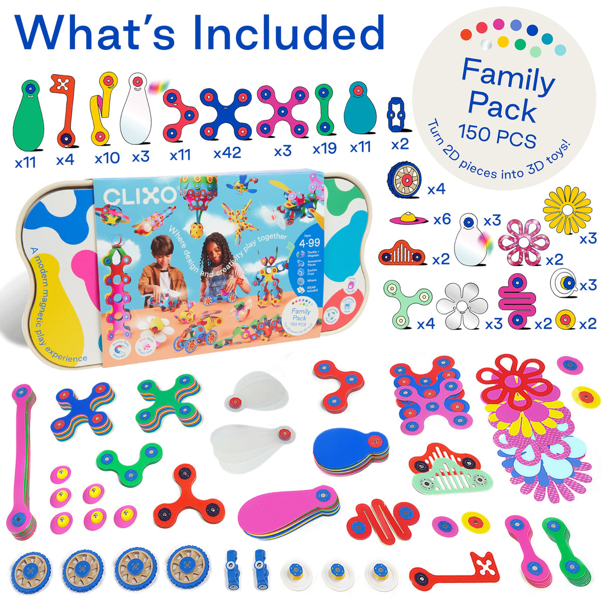 Clixo Mega Pack – 150-Piece Flexible Magnetic Building Toy for Creative Family Play | STEAM Learning, Open-Ended Play. Perfect for Collaborative Fun, Travel, and Educational Bonding. Ages 4+