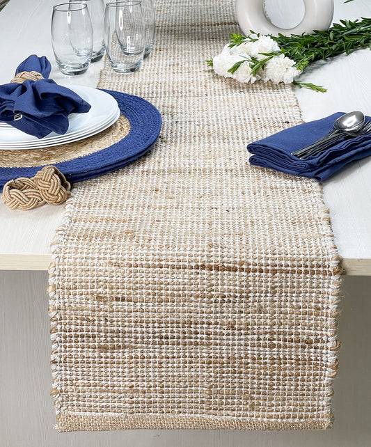 Chardin home Natural Jute Table Runner 13x108 Inch – Vintage Boho Rustic Table Decor – Handwoven Long Table Runner in Natural Jute and Ivory – Farmhouse Dining or Console Table Accent