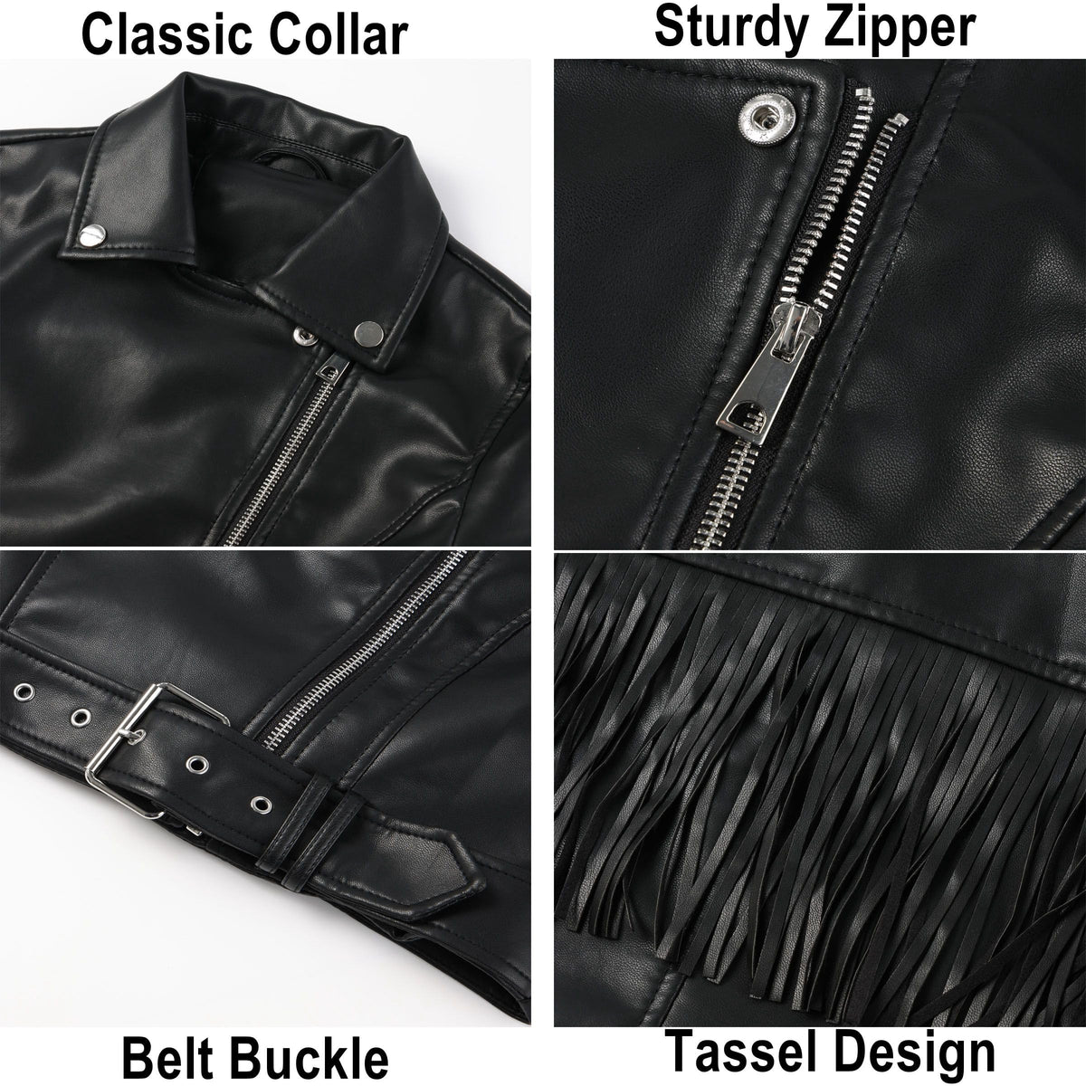 XULIKU Women Faux Leather Jacket, Fall Spring Lapel Short Cropped Vegan Zipper Up Fringe Tassel Trim Pleather Coat with Belt,Pocketless,Black,XL