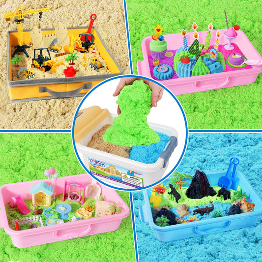 Billeeit 4.4 lbs Play Sand w/Storage Sandbox, 4-Pack(2 Yellow, 1 Blue, 1 Green) Sensory Bin Refill Sand for Shaping, Molding, Pressing, Scooping, Rolling, Self-Sticking Sand Sensory Toy for Kids 3+