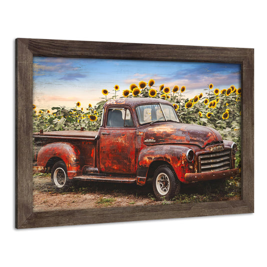Countryside Landscape Framed Wall Art: Rustic Red Truck Painting Farm Wood Artwork Sunflower Picture Old Car Prints for Farmhouse Bedroom Decor
