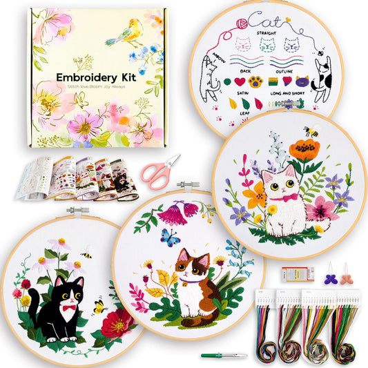 Embroidery Kit for Beginners, 4 Sets Cat Embroidery Kits, Needle Point Kits for Adults Beginner, with Full Package Sewing Supplies and Detailed Easy-to-Follow Instructions, Gift for DIY Lovers