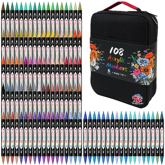 Acrylic Paint Markers for Adults, 108 Colors Dual Tip, Double zipper design Topgrade Canvas bag– Waterproof, Non-Toxic, for Canvas, Wood, Glass, Rock, Ceramic, Ideal Birthday Crafts Gift for Teens