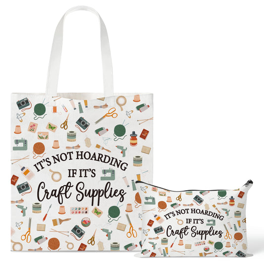 Y1tvei Crafter Canvas Bag Set - 2Pcs It's Not Hoarding If It's Craft Supplies Canvas Tote Bag Makeup Pouch, Craft Reusable Grocery Shopping Handbag Gift for Crafting Sewing Lover Birthday Party Favors