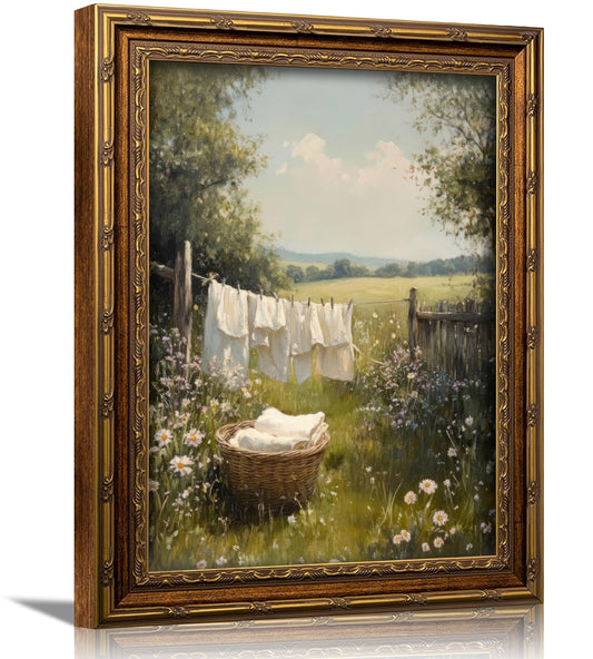 3D Textured Canvas Wall Art Vintage Carved Gold Frame Retro Cottagecore Laundry Farmhouse Country Landscape Relief Poster Print Artwork for Washroom Bathroom Laundry Room Home Decor
