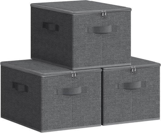 SONGMICS Foldable Storage Organizer Boxes - Set of 3 Bins with Lids & Handles | Slate Gray, 15.7 x 11.8 x 9.8 Inches
