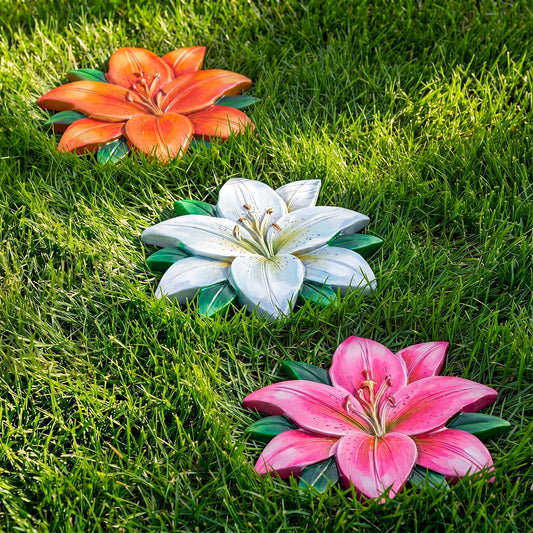 Cinnvoice 3 Pack Garden Stepping Stone Outdoor, Decorative Dimensional Resin Stepping Stones for Patio Pathway Landscaping Walkway Sculpture Yard Backyard Lawn(Lily,10 Inches)