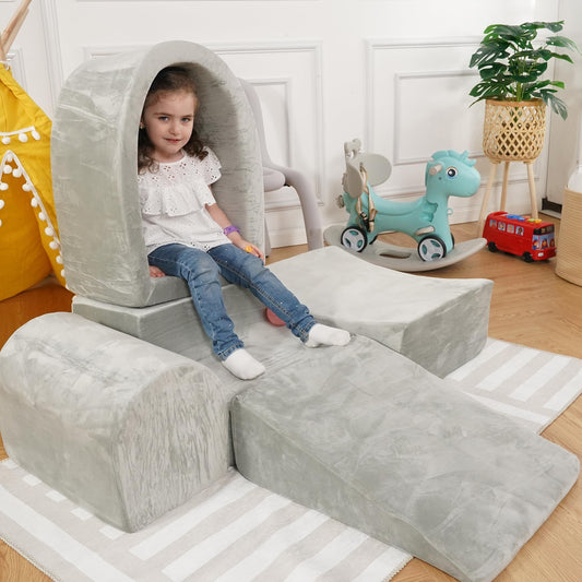Foam Climbing Blocks for Toddlers – Indoor Soft Play Set for Babies - Velvet Cover & High-Density Memory Foam – Baby Climbing Blocks for Motor Skills - Climb and Crawl Activity Play Set for Kids -Gray