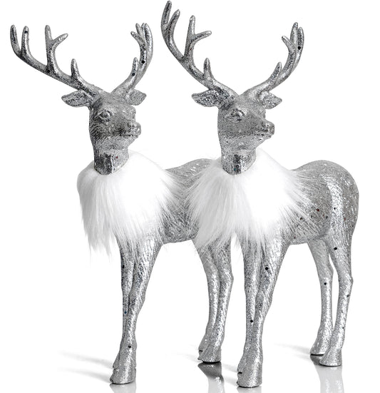 Ornativity Silver Glitter Christmas Reindeer - Xmas Holiday Party Deer Figurine Statues Dinner Tabletop Decorations Centerpiece Mantle - 12" Pack of 2