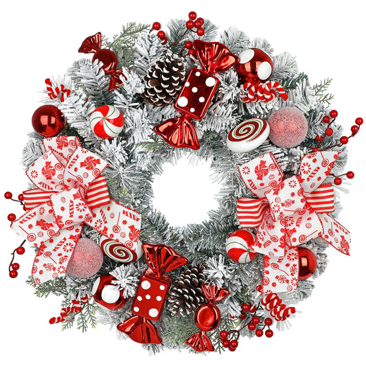 24" Artificial Christmas Wreath with Red Candy Accents, Double Ribbon Bows, Pine Cones & Ornaments, White Cedar Base for Christmas Thanksgiving Winter Holiday Front Door and Wall Decoration