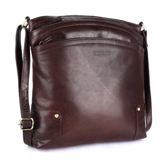 LEDERBUCK Terry Large Soft Real Leather Crossbody handbag-Triple Zip Premium Sling Crossover Shoulder Bag for Women (Brown)