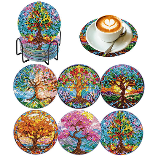 PERFECTSIGHT 6 Pcs DIY Diamond Art Painting Coasters with Holder, Cute Diamond Paint Coaster Kits for Adults, Kawaii Full Drill Diamond Art Craft, Paint by Number Non Slip Coaster - Multicolor Tree