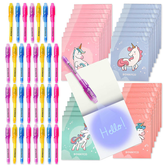 BONNYCO Invisible Ink Pen and Notebook Pack 32, Unicorn Party Favors for Kids. Magic Spy Pen Goodie Bags Stuffers for Kids, Unicorn Birthday Party Supplies. Goody Bag Stuffers, Return Gifts Prizes