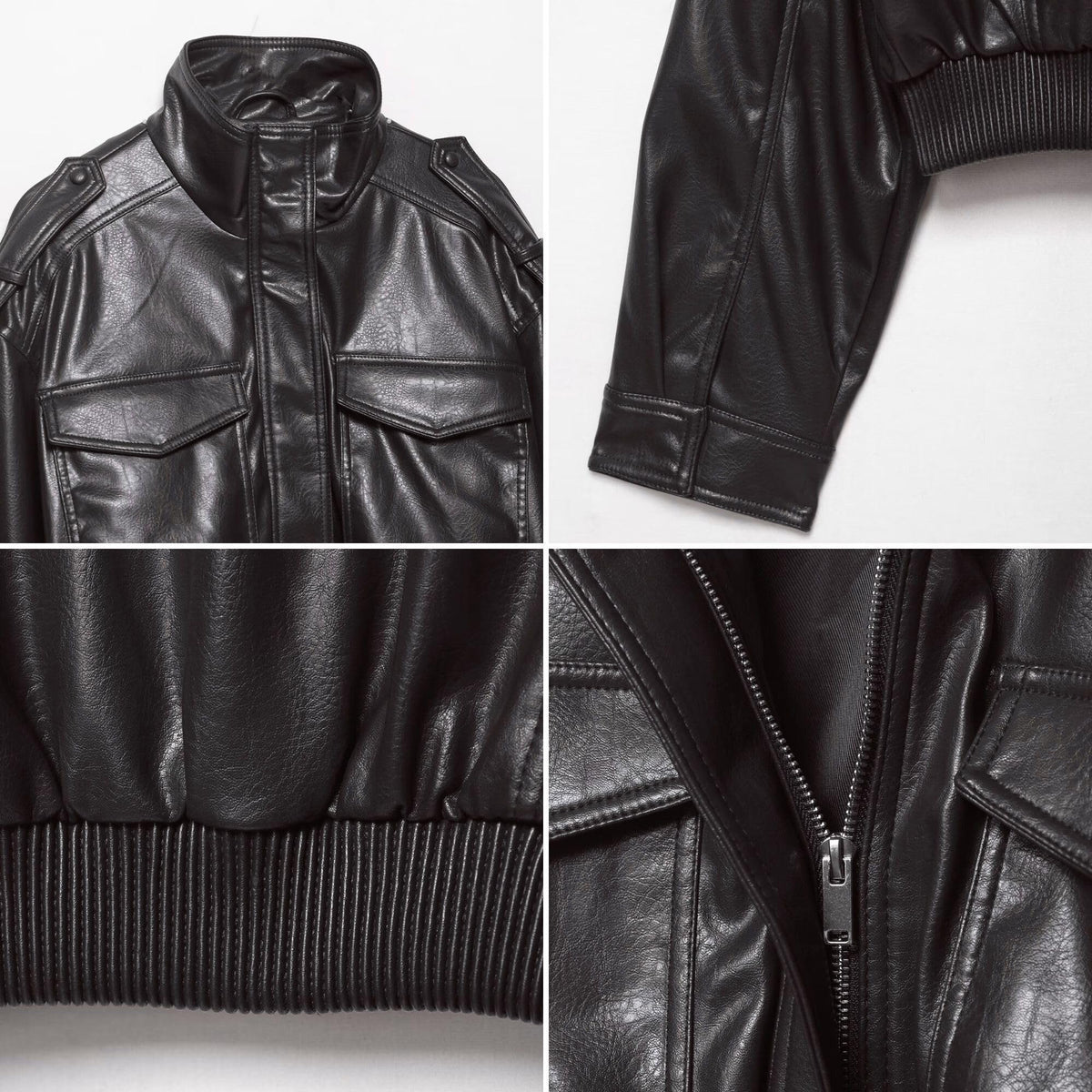FindThy Women’s Cropped Faux Leather Jacket Vintage Stand Collar Long Sleeve Zip Up Fall Fashion Motorcycle Bomber Coats(4212-Black-M-aLB)