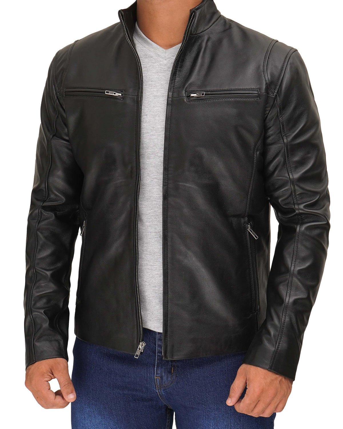 Decrum Black Leather Jacket Men - Mens Motorcycle Jacket | [1100444] Clinton, L