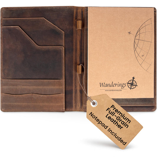 Wanderings Vintage Leather Padfolio - 10" x 13" - Professional Organizer and Resume Folder Antique Leather Document Portfolio with Writing Pad. Ideal Gift for Men and Women