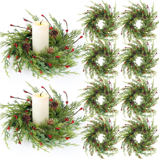 Skiennix 8 Pcs Artificial Christmas Candle Rings - 9 Inch Cedar Pine Garland Wreaths with Red Berries & Pinecones for Winter Table Centerpiece