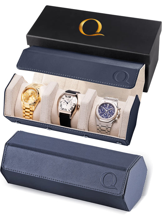 QWATCHBANDS Napa Leather Watch Rolls for Men - Hexagon Triple Watch Roll Travel Case for 3 Watches - Storage Organizer Genuine Leather with Velvet Interior Display (Blue/Cream)